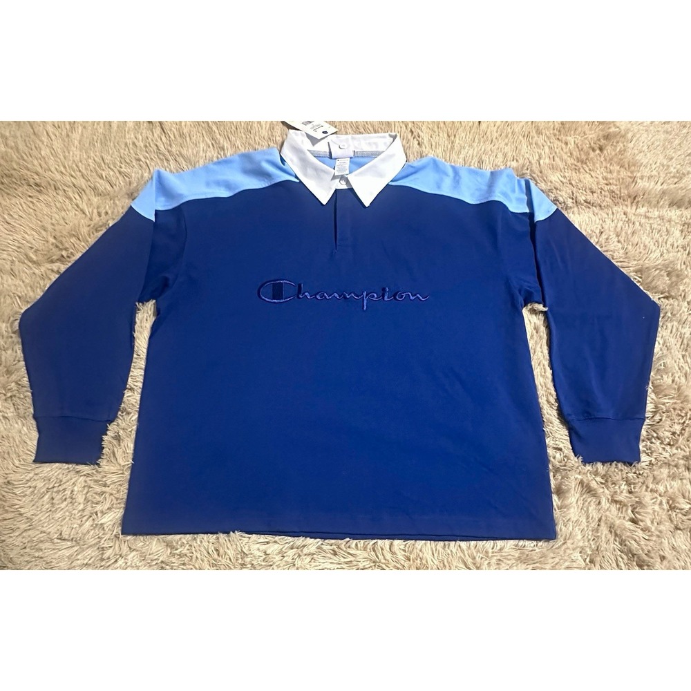 Champion Club Sport Rugby Colorblock Long Sleeve Polo Shirt Men's L Blue/White